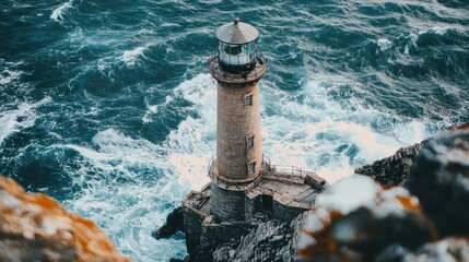 Vintage Lighthouse Overlooking Port with Ocean Waves