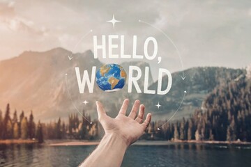 Hand reaching for earth with hello world text over mountainous landscape