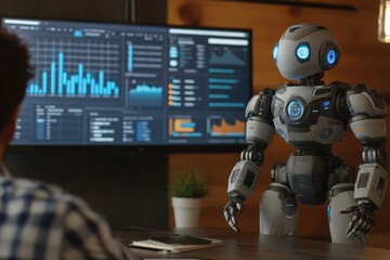 A humanoid robot interacting with a human in a modern office environment, showcasing collaboration between technology and people, with screens displaying data analytics and tools in the background