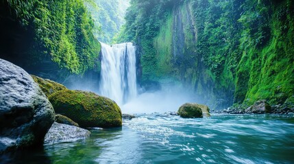 Serene Waterfall Cascading Into Mountain River
