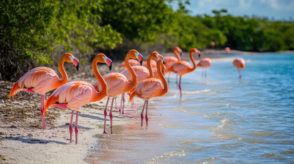 A flock of American flamingos resting along the shoreline, with their vibrant pink color standing out against the neutral tones of sand and water.