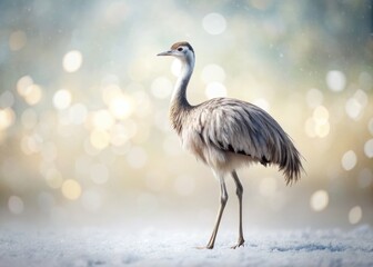 Obraz premium Illustration of an isolated Greater Rhea, or Nandu Szare, captured in a white-themed conceptual photography setting, emphasizing its distinctiveness and grace in a serene atmosphere.