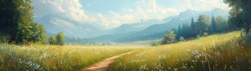 Obraz premium A path leading through a beautiful meadow, representing the journey to peace and wellness