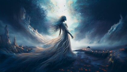 Schönes Bild mit Frau Blau Ton Nachdenklich Göttlich Verträumt Fantasy