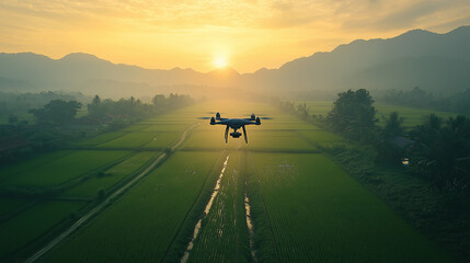 Fototapeta premium A farmer in traditional clothing walking through a flooded rice paddy at sunrise, with golden light reflecting off the water