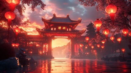 Fototapeta premium A majestic traditional Chinese temple gate, intricately decorated with red paper-cut banners and glowing red lanterns, with swirling cloud motifs and delicate floral patterns,