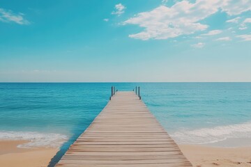 Fototapeta premium Serene Wooden Pier Extending Into Vibrant Blue Ocean
