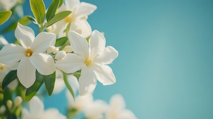 Fototapeta premium Delicate white jasmine flowers against a vibrant blue sky, captured in soft focus macro photography. The fresh, pure atmosphere embodies the beauty of spring blossoms.