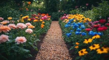 Obraz premium A pathway lined with colorful flowers, symbolizing a peaceful mental health journey