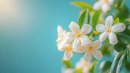 Delicate white jasmine flowers against a vibrant blue sky, captured in soft focus macro photography. The fresh, pure atmosphere embodies the beauty of spring blossoms.
