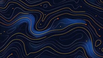Abstract Blue and Yellow Wavy Lines with Orange Glowing Dots on a Dark Background