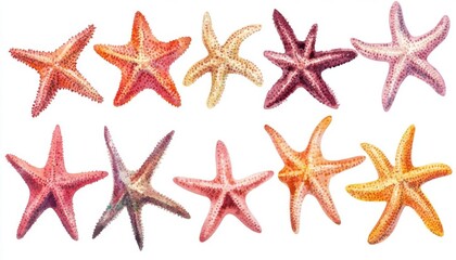 10 set of starfish, se10creature element, watercolor illustration, detailed textures, warm colors, soft brush strokes, isolated on white background,