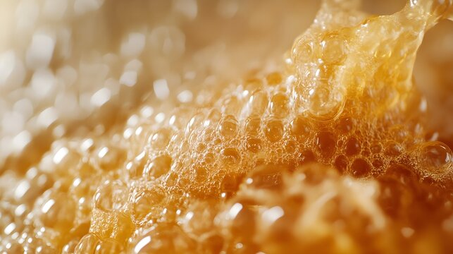 Time-lapse of honey being applied to curly hair, showing frizz reduction and curl definition, smooth texture forming over time, Natural Lighting, High Detail
