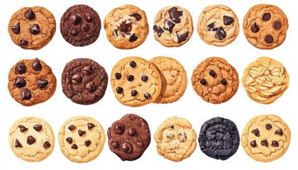 A collection of cookies, dessert element, watercolor illustration, chocolate chip, oatmeal, and sugar cookies, soft textures, isolated on white background,