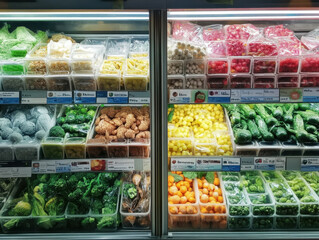 Vibrant assortment of fresh and frozen fruits and vegetables displayed in a grocery aisle