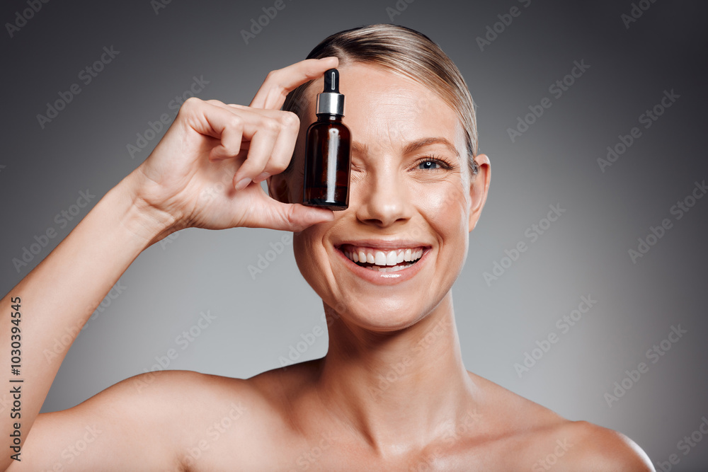 Poster Woman, treatment and portrait for skincare brand, logo or glow in dermatology on studio background. Mature person, hyaluronic acid and happiness with cosmetology, beauty or serum as cosmetics product