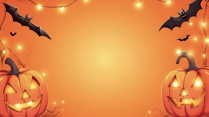 A playful vector frame for Halloween, featuring smiling Jack O' Lanterns and cartoonish bats, set against a bright orange background with soft, glowing lights for a fun, festive design.