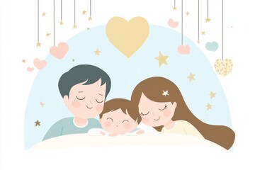Sleeping family of three under a dreamy night sky with hearts and stars symbolizing love security and the warmth of family in a serene bedtime illustration
