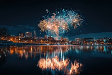 Colorful Fireworks Display Over Urban Landscape