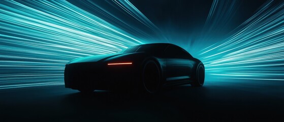 Silhouette Car and blue light rays background, speed background