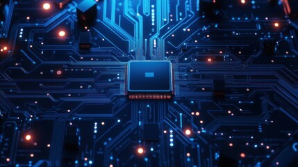 A Close-Up View of a Circuit Board with a Glowing Microchip