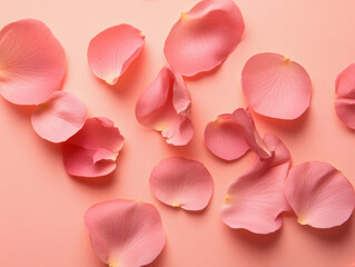Obraz premium Delicate pink rose petals scattered on a soft peach background for a serene springtime vibe