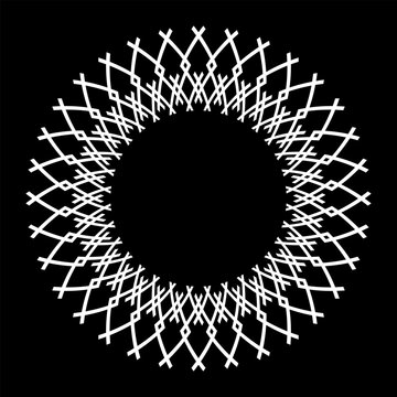 recommend clip art: Abstract Radial Geometric Circle White Crisscross Lines Pattern on Black Background. Decorative Round Design Element. 