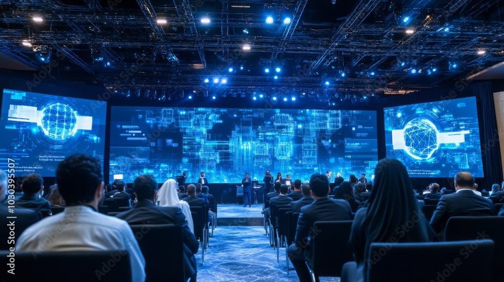 Aufkleber A large group of people sit in an auditorium facing a stage with a large screen displaying an abstract image.