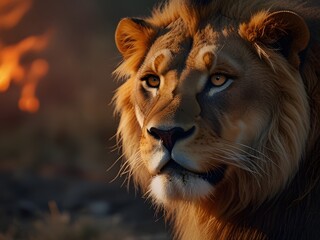 Naklejka premium A close-up view of a majestic lion showcasing its intense gaze in a natural habitat during the late afternoon light