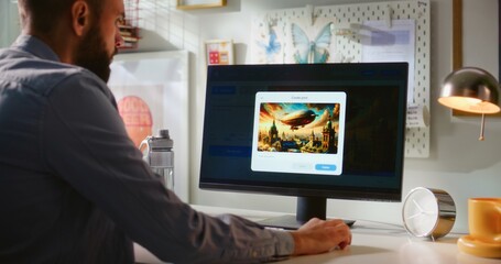 Adult man types text prompt in artificial intelligence app on computer. AI image generator creates...