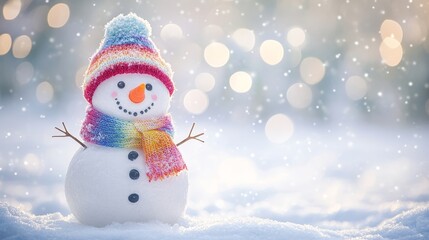 Fototapeta premium A snowman with a yellow scarf and a smile on his face