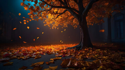 Enchanted Autumn Scene with Golden Leaves Falling from a Majestic Tree