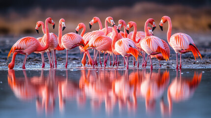 Obraz premium A group of American flamingos gathered at the edge of a lagoon, their pink feathers reflected in the still water as they feed.