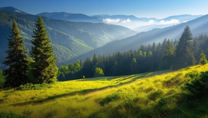 Fototapeta premium Majestic forest landscape with foggy mountains in the background, morning sunlight creating a misty atmosphere, lush green meadow and tall trees under the blue sky.