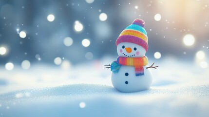 Fototapeta premium A snowman with a yellow scarf and a smile on his face