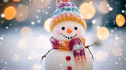 A snowman with a yellow scarf and a smile on his face