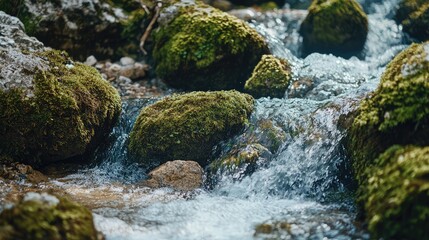 Fototapeta premium Moss-Covered Rocks by River in Mountain Setting