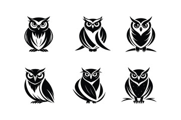 A Collection of Owl Silhouette Logos in Vector Style, Representing Wisdom and Mystery with Clean, Minimalist Icon Designs