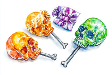 Colorful, whimsical skulls with bone accents and decorative elements, capturing a playful Halloween or Day of the Dead theme.