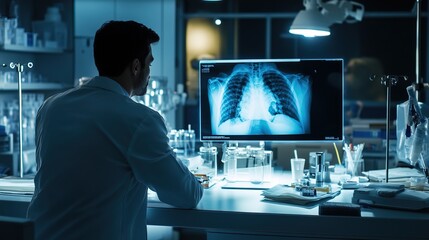 Doctor carefully examines X-ray film of patient's lungs, identifying COVID-19 complications, with medical instruments and charts in the background.
