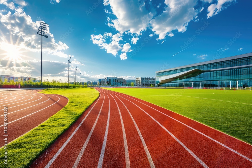 Wall mural modern sports complex with red running track and green grass field, blue sky with clouds, modern arc