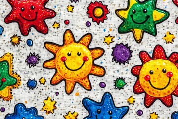 Colorful stars and suns in a vibrant textile pattern symbolizing joy creativity and childlike wonder in an energetic playful design with bright textures and cheerful shapes