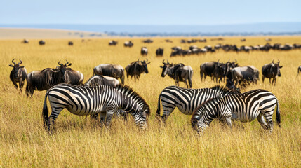 Obraz premium A group of zebras and wildebeests grazing together on the plains of South Africa, showcasing the harmony of wildlife in the natural habitat.