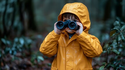A young boy wearing a yellow raincoat is looking through binoculars. The boy is looking at something in the distance, possibly a bird or another object. The scene is set in a forest, with trees