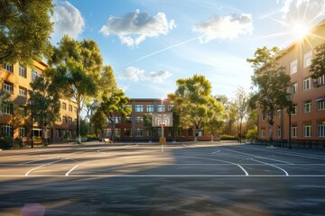 Fototapeta premium outdoor basketball court near school building, realistic photo shoot in the style of sunny weather, green trees around the buildings,