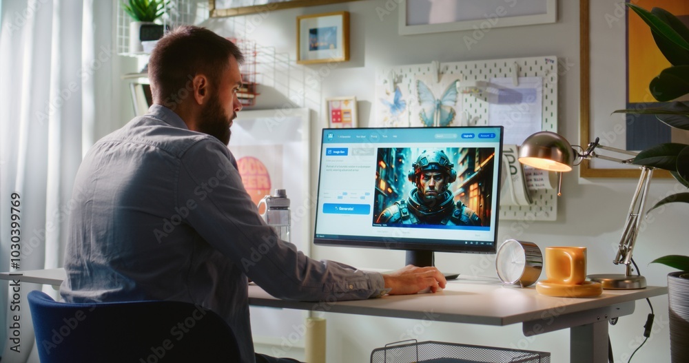 Fototapete back view of man entering prompt in ai image generator on computer. pc screen shows artificial intel