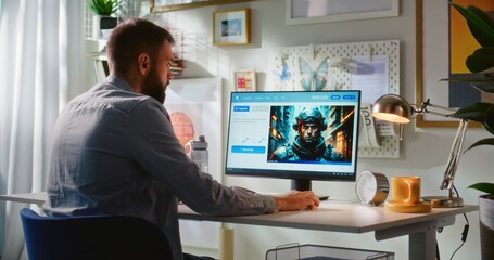 Back view of man entering prompt in AI image generator on computer. PC screen shows artificial intelligence generating detailed photo of futuristic soldier. Online text to image app. Generative art.
