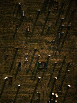 Drone aerial view of a church graveyard cemetery in England