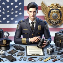 illustration of a Police Officer and showing his necessary items. ai