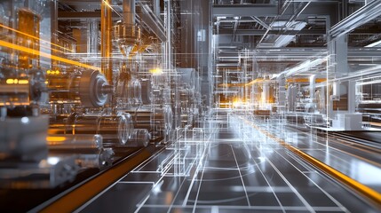 Fototapeta premium Simulation and Modeling – A highly detailed 3D modeling environment where various industrial processes are visualized, with transparent machinery showing inner workings and models evolving in real-tim